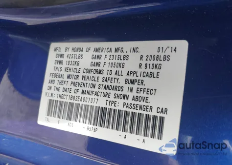 2014 Honda Accord Ex-L z USA, uszkodzony, nr VIN 1HGCT1B82EA007077